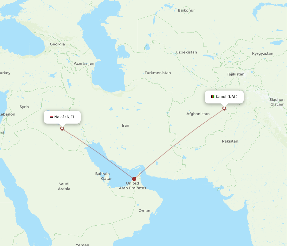 Al-Najaf - Kabul route map and flight paths