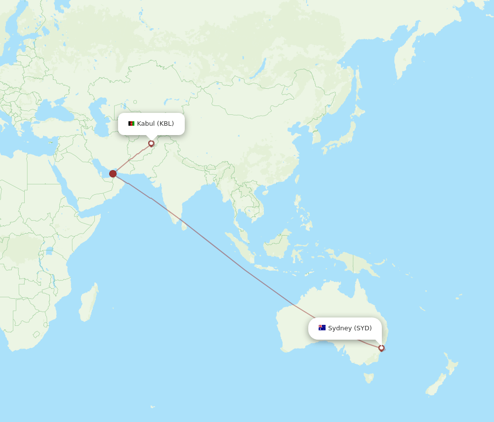 Sydney - Kabul route map and flight paths