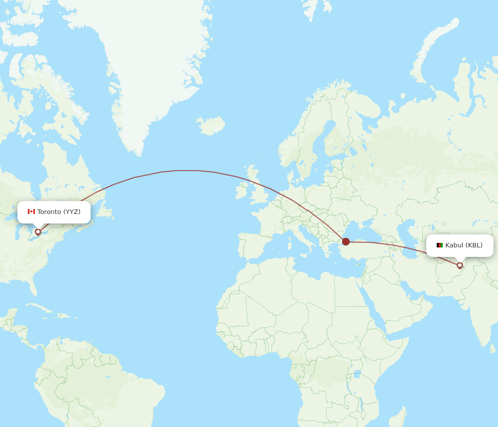 Toronto - Kabul route map and flight paths