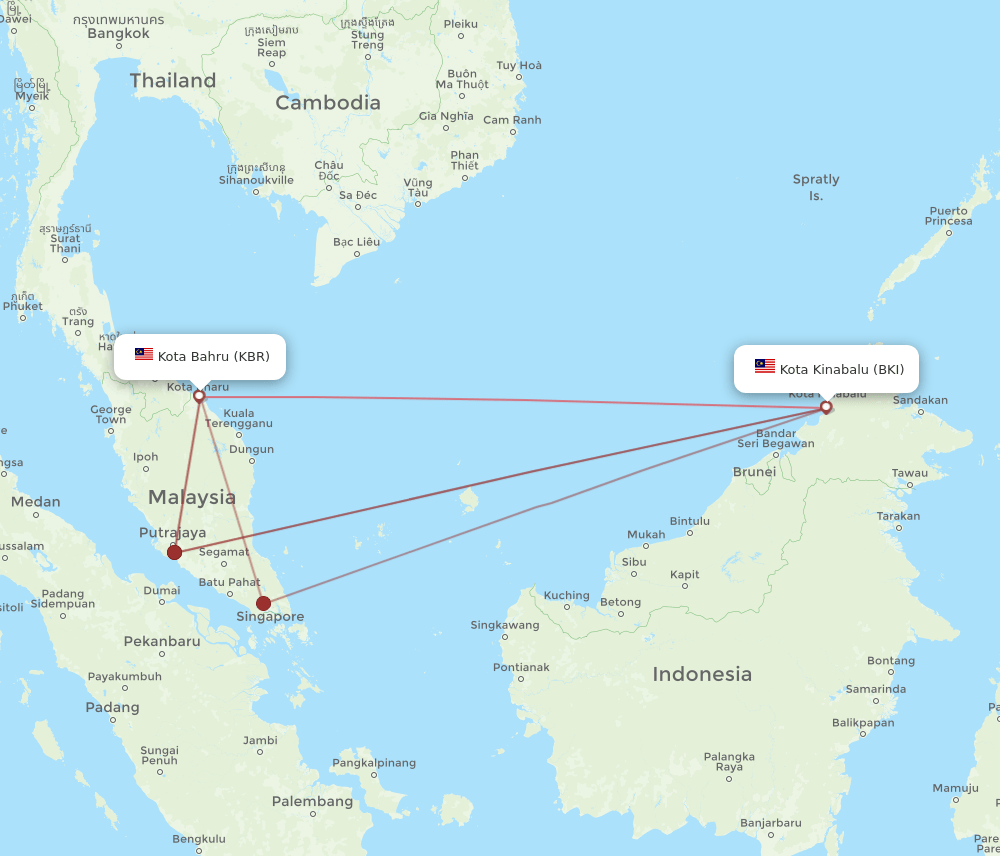 KBR-BKI flight routes