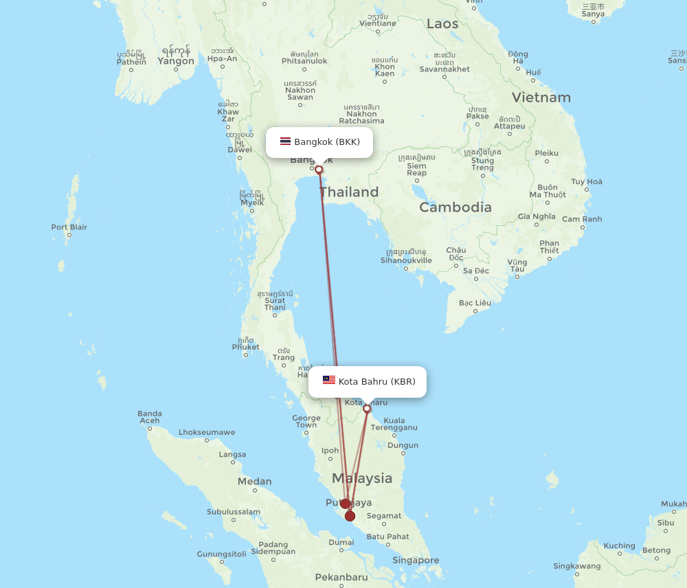 KBR to BKK flights and routes map