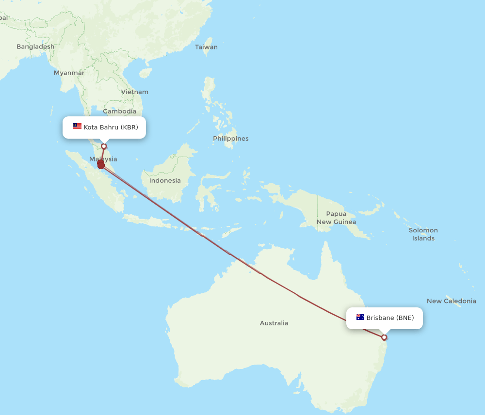 Brisbane - Kota Bharu route map and flight paths