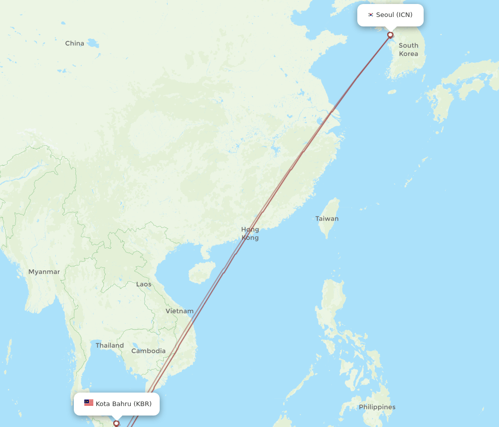 Seoul - Kota Bharu route map and flight paths