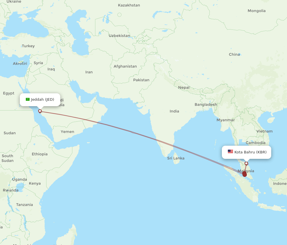 KBR to JED flights and routes map