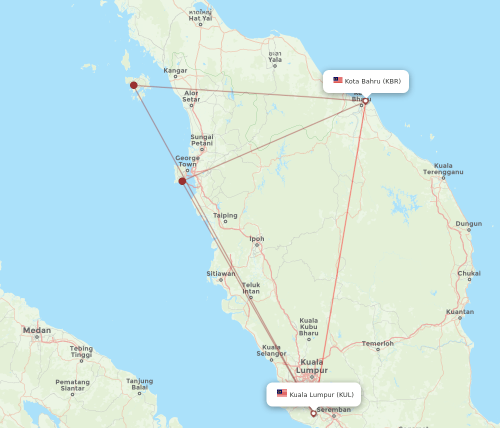 Kota Bharu - Kuala Lumpur route map and flight paths