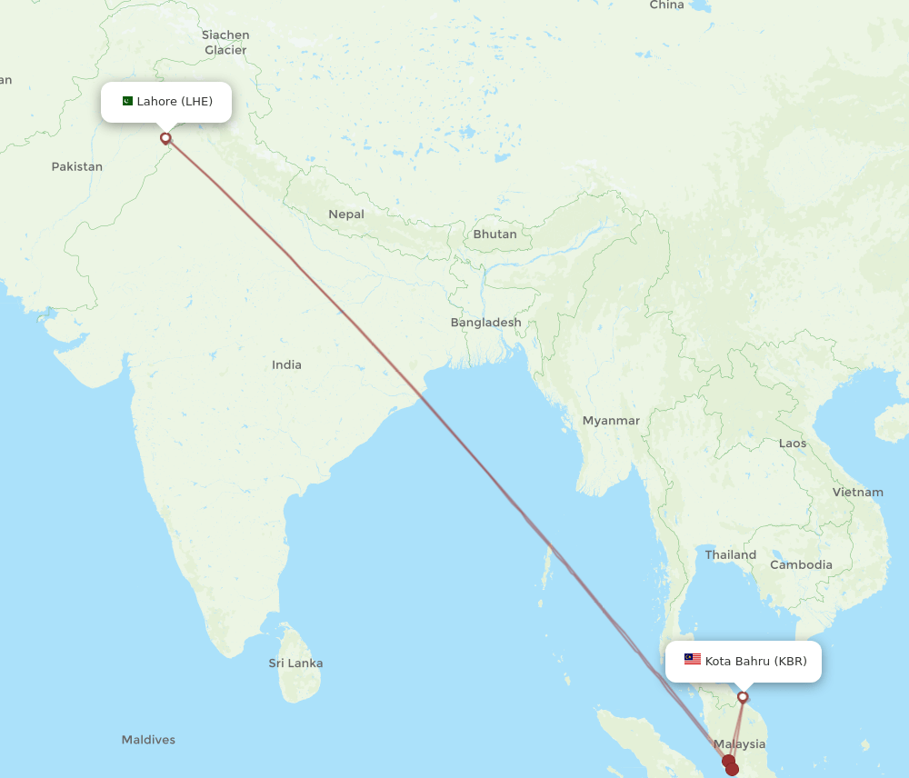 KBR to LHE flights and routes map
