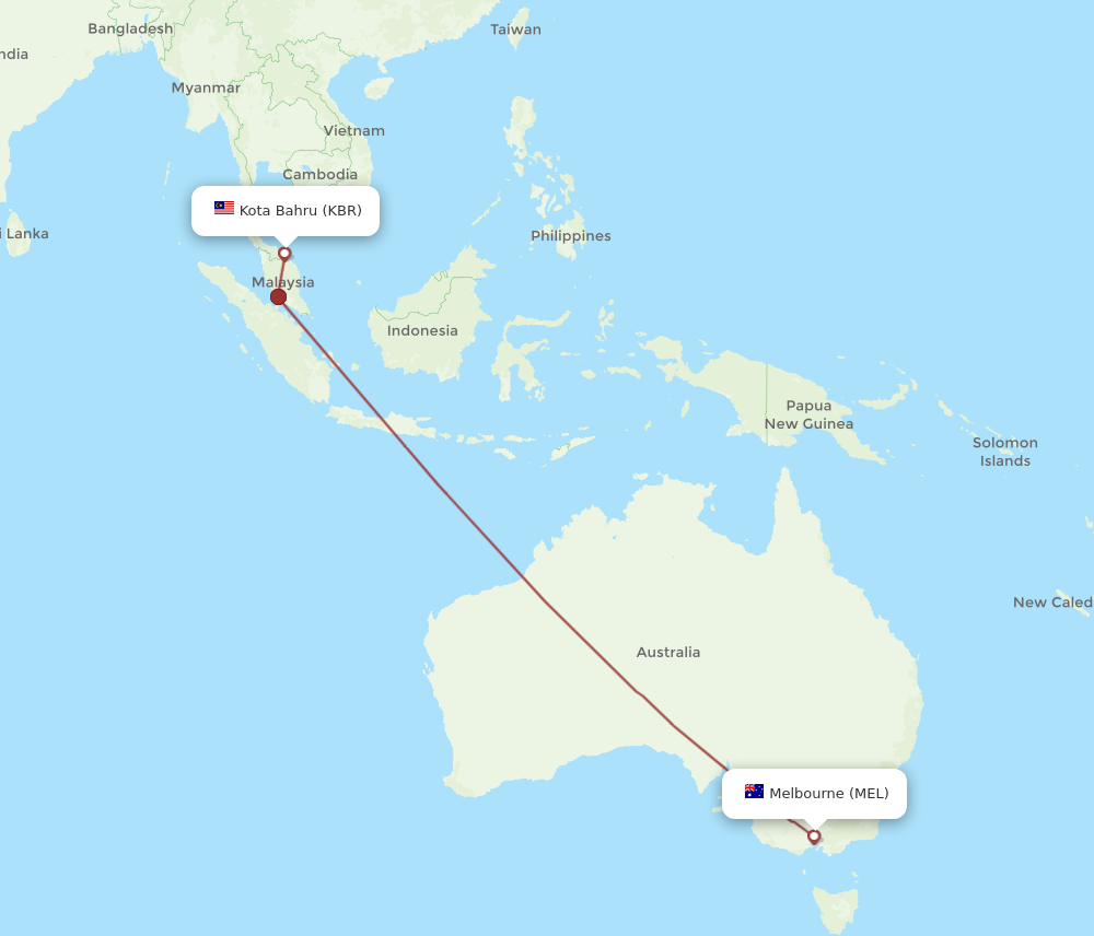 KBR to MEL flights and routes map