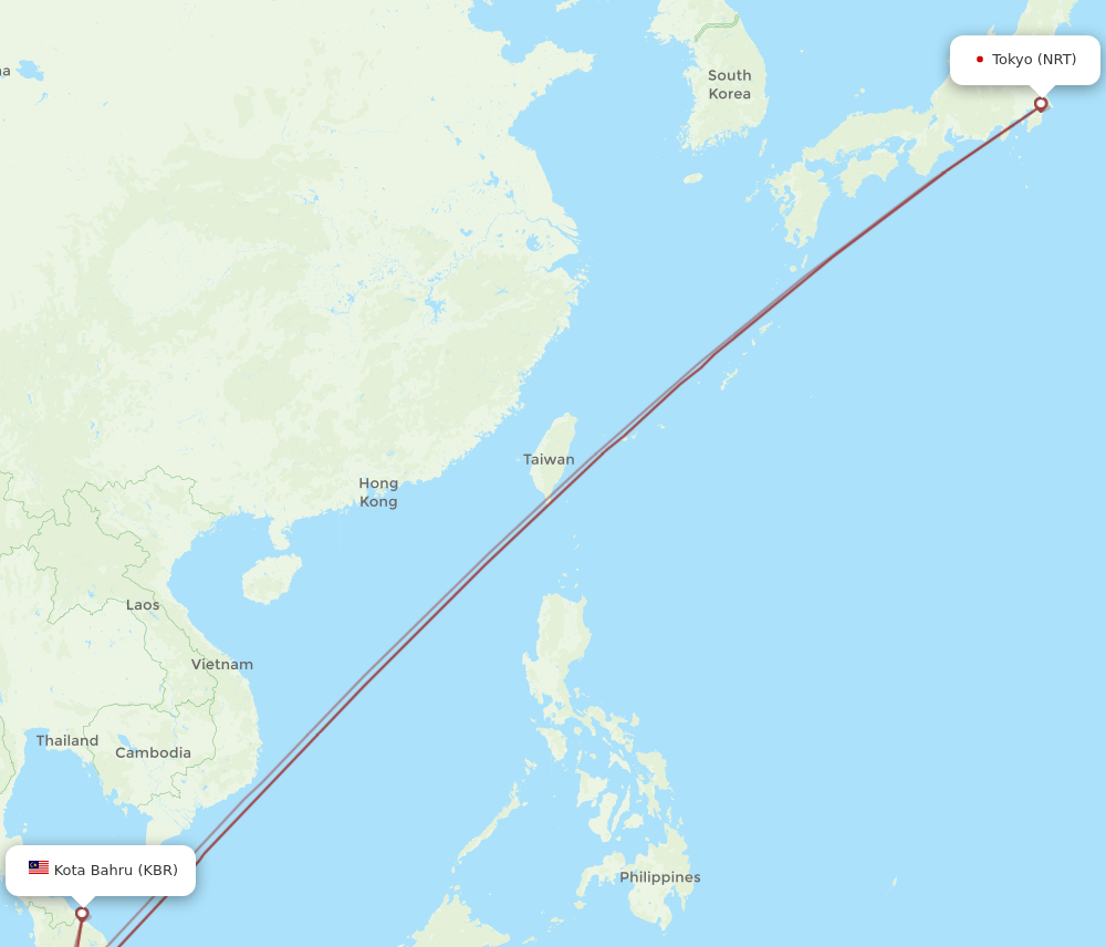 KBR to NRT flights and routes map