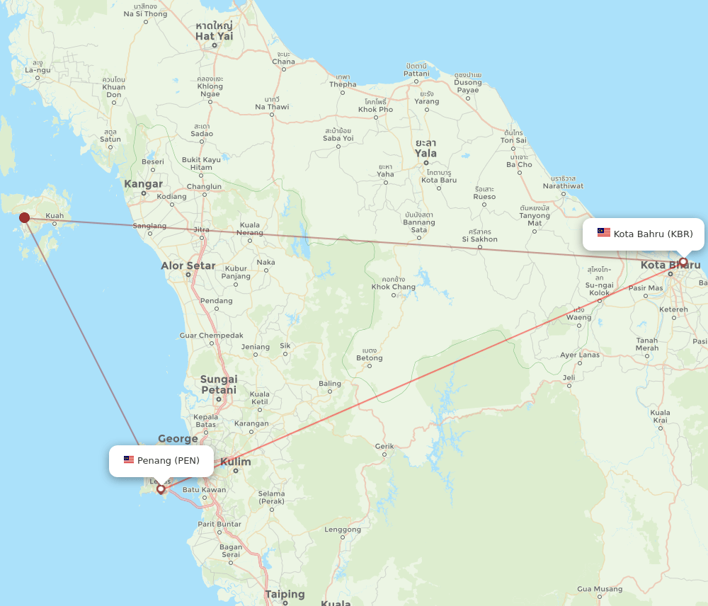 Kota Bharu - Penang route map and flight paths