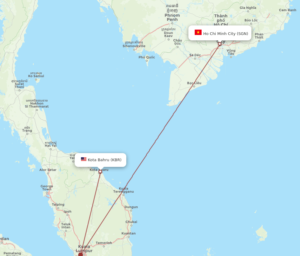 Ho Chi Minh City - Kota Bharu route map and flight paths