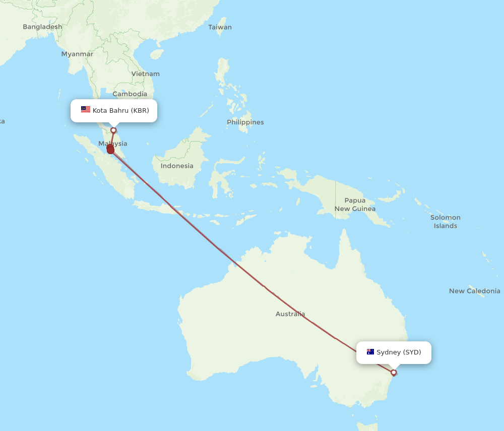 KBR to SYD flights and routes map