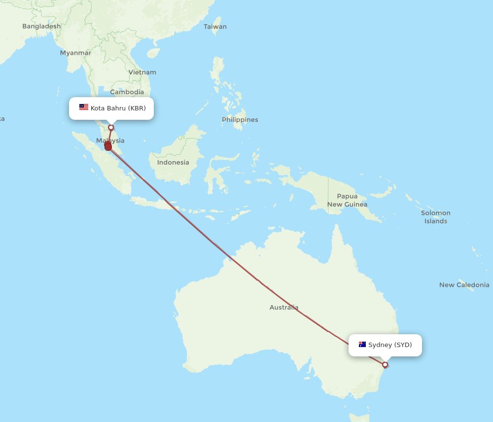 KBR to SYD flights and routes map