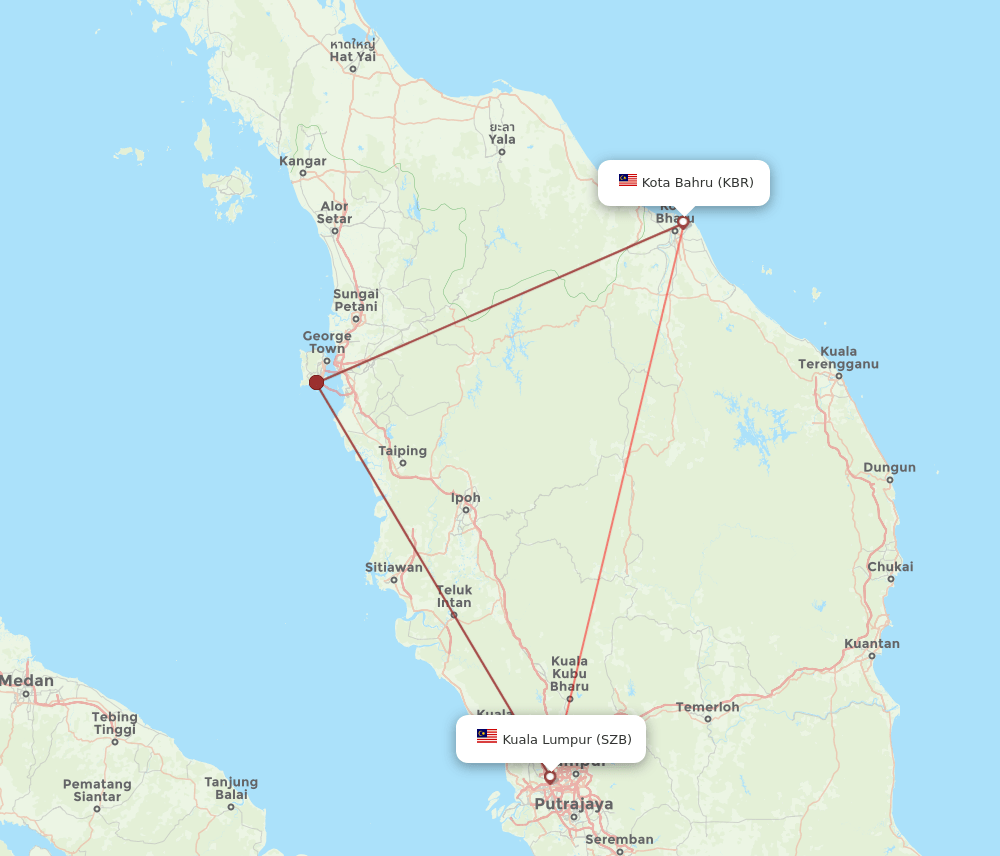 KBR to SZB flights and routes map