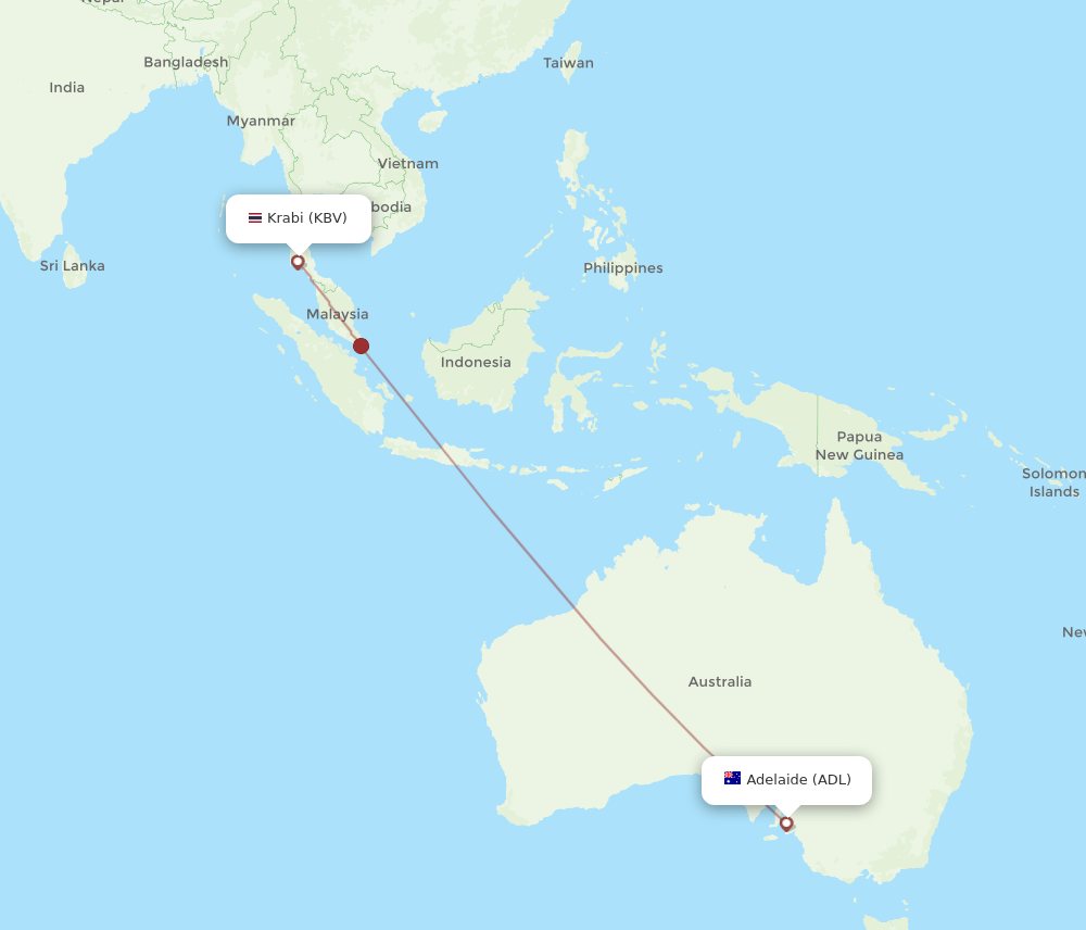 Adelaide - Krabi route map and flight paths