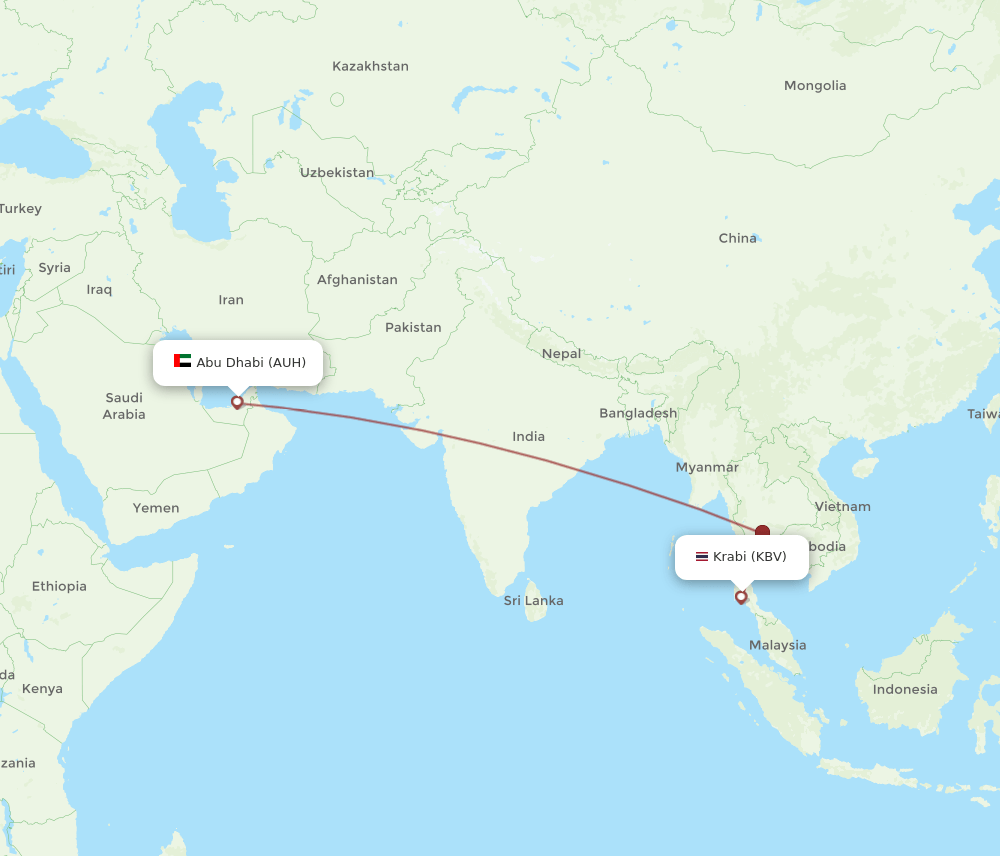Abu Dhabi - Krabi route map and flight paths