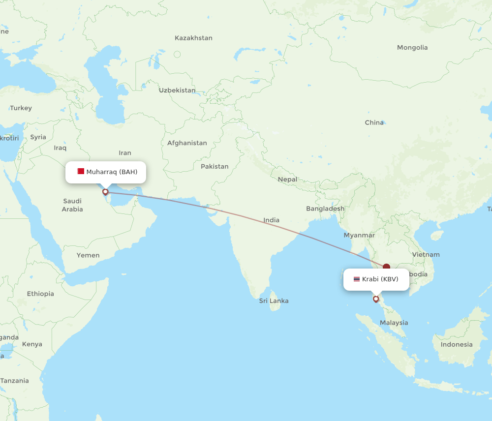 Bahrain - Krabi route map and flight paths