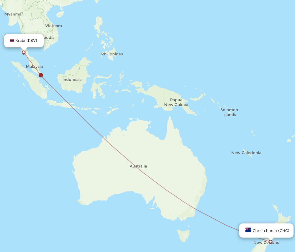 Christchurch - Krabi route map and flight paths