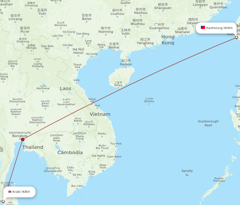 Kaohsiung - Krabi route map and flight paths