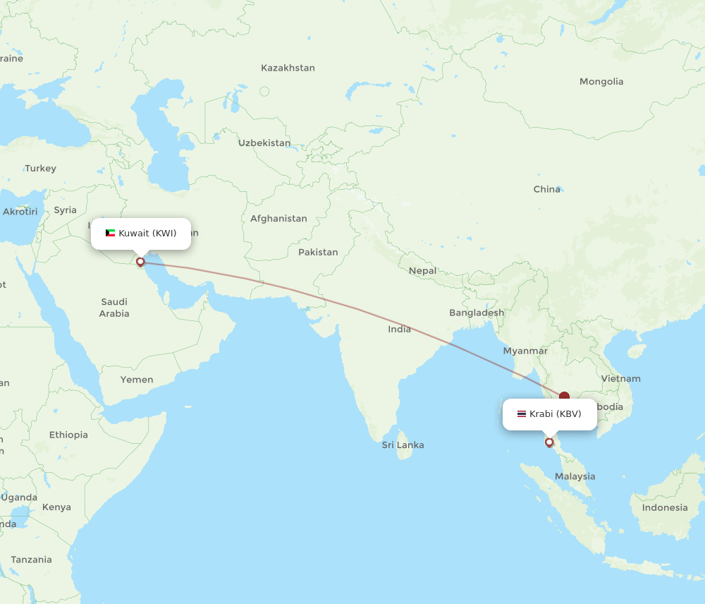 Kuwait - Krabi route map and flight paths