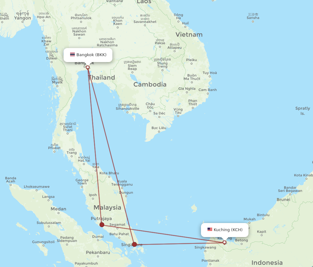 KCH to BKK flights and routes map