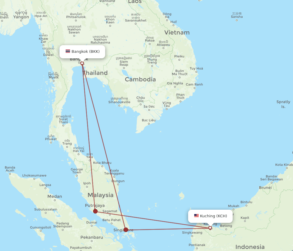 KCH to BKK flights and routes map