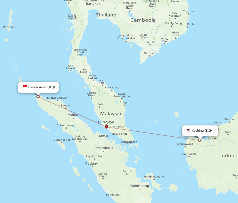 KCH to BTJ flights and routes map
