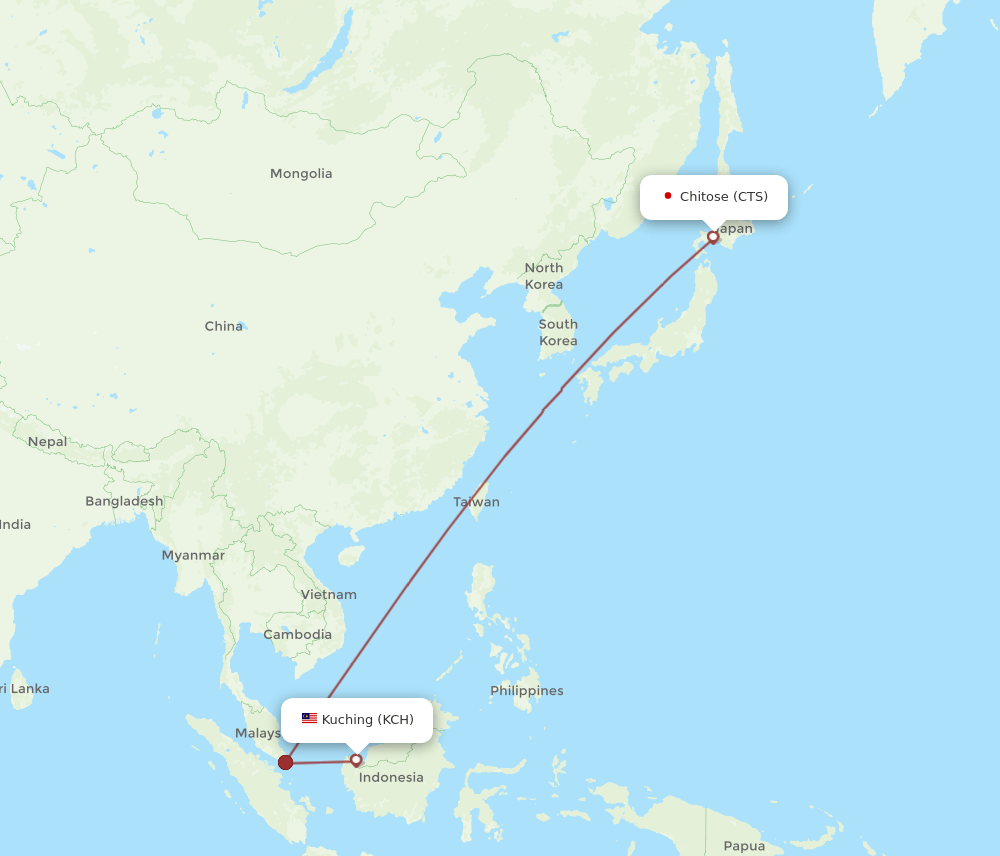 Sapporo - Kuching route map and flight paths