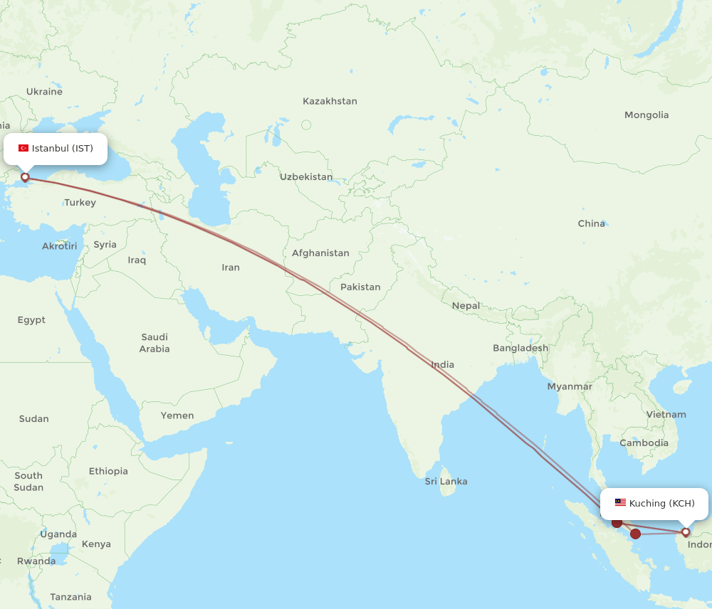 KCH to IST flights and routes map