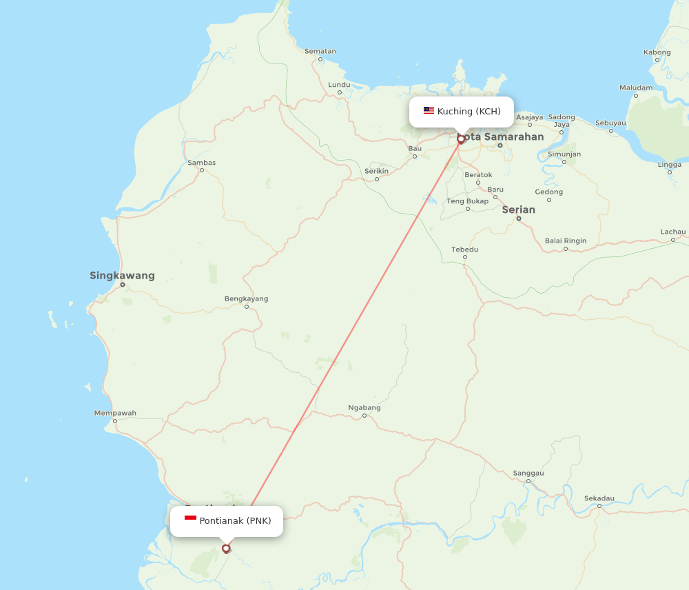 Kuching - Pontianak route map and flight paths