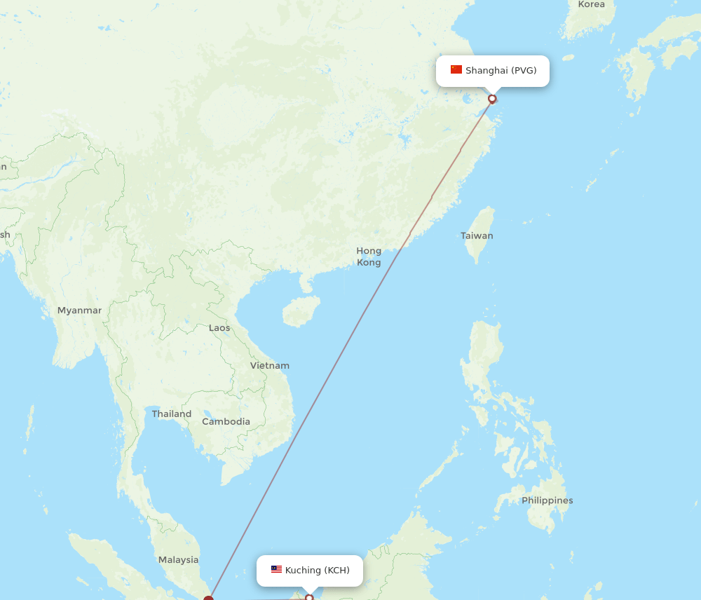 Shanghai - Kuching route map and flight paths