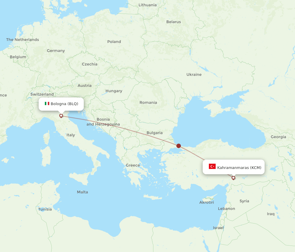 Bologna - Kahramanmaras route map and flight paths
