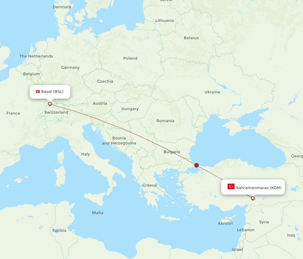 Basel, Switzerland/Mulhouse - Kahramanmaras route map and flight paths