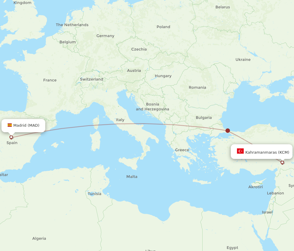 Madrid - Kahramanmaras route map and flight paths