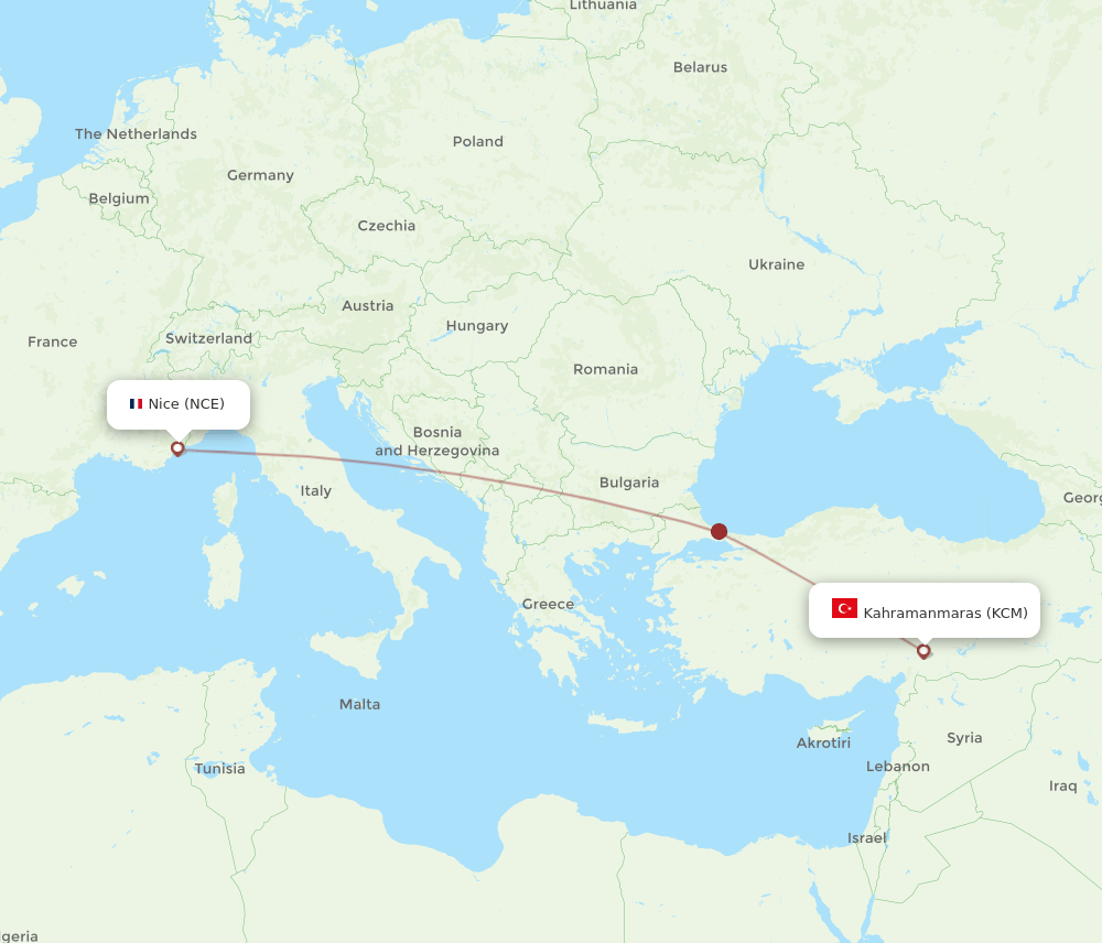 Nice - Kahramanmaras route map and flight paths