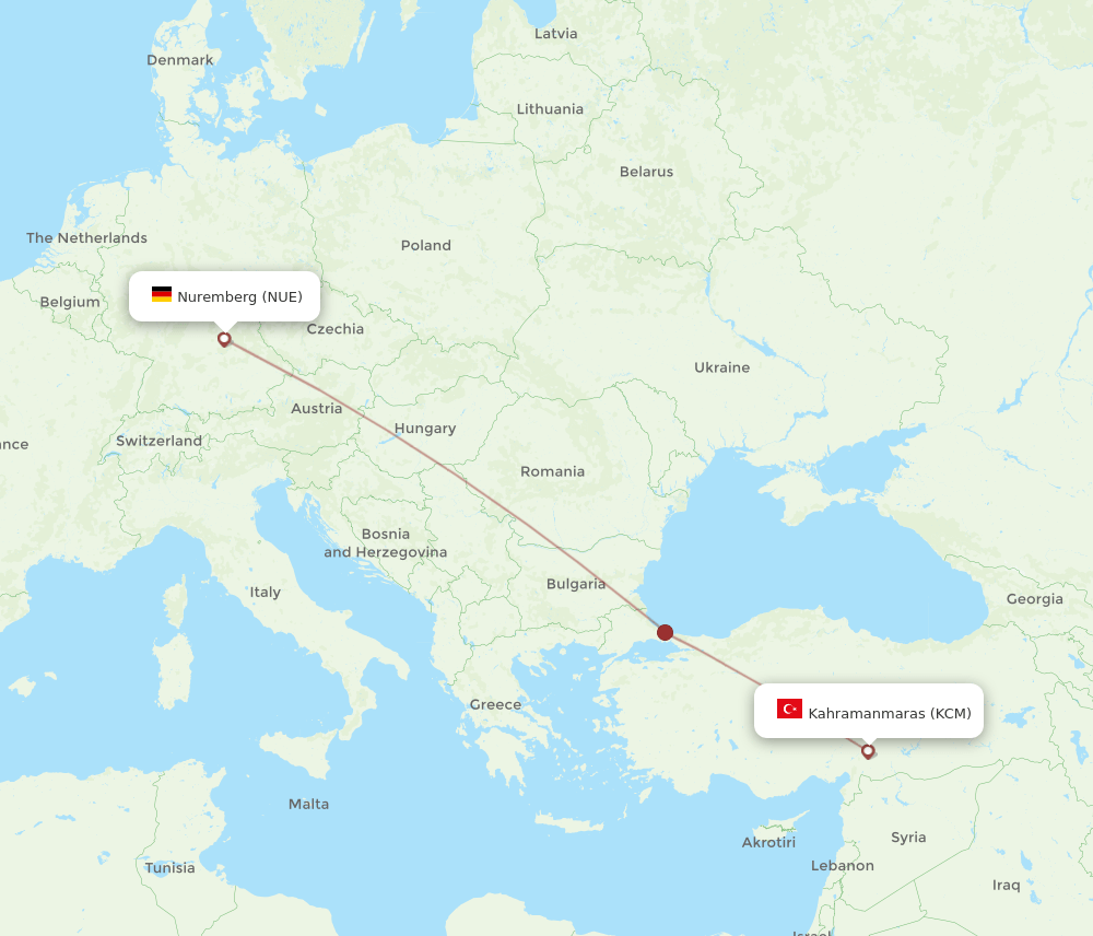 Nuremberg - Kahramanmaras route map and flight paths