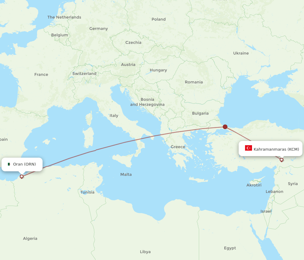 Oran - Kahramanmaras route map and flight paths