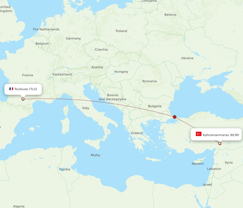Toulouse - Kahramanmaras route map and flight paths