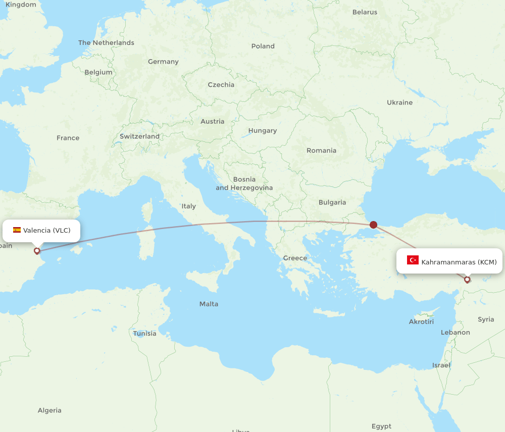 Valencia - Kahramanmaras route map and flight paths
