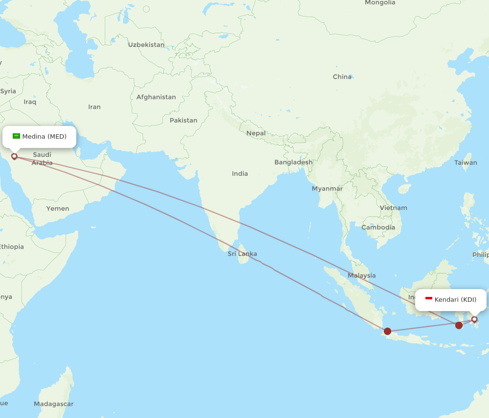 Madinah - Kendari route map and flight paths
