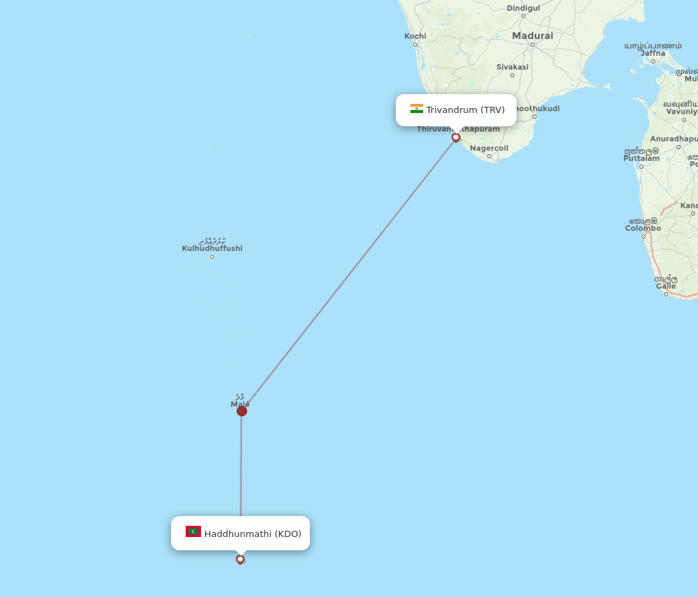 Thiruvananthapuram - Kadhdhoo route map and flight paths