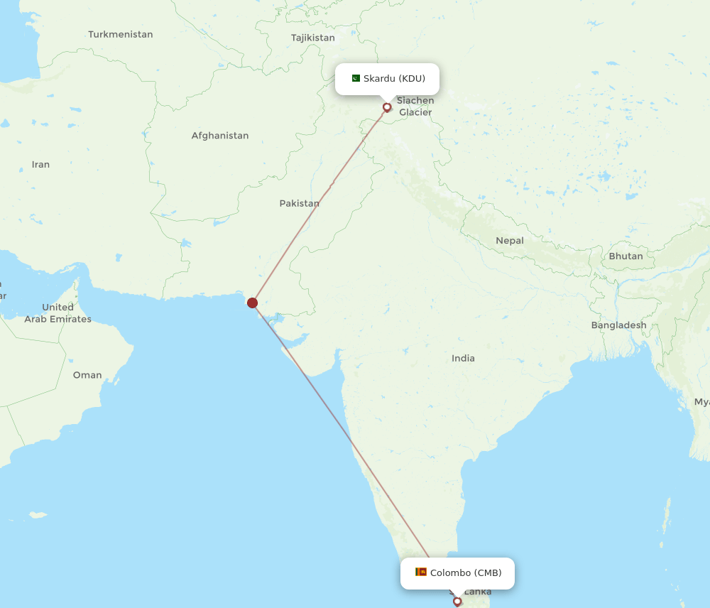 Colombo - Skardu route map and flight paths