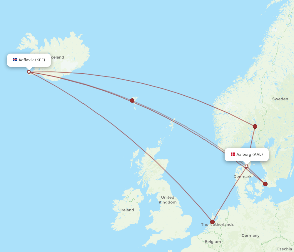 KEF-AAL flight routes