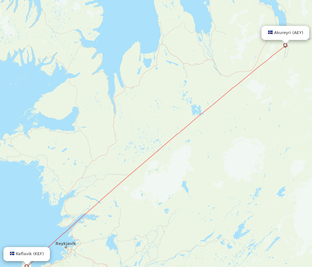 Reykjavik - Akureyri route map and flight paths