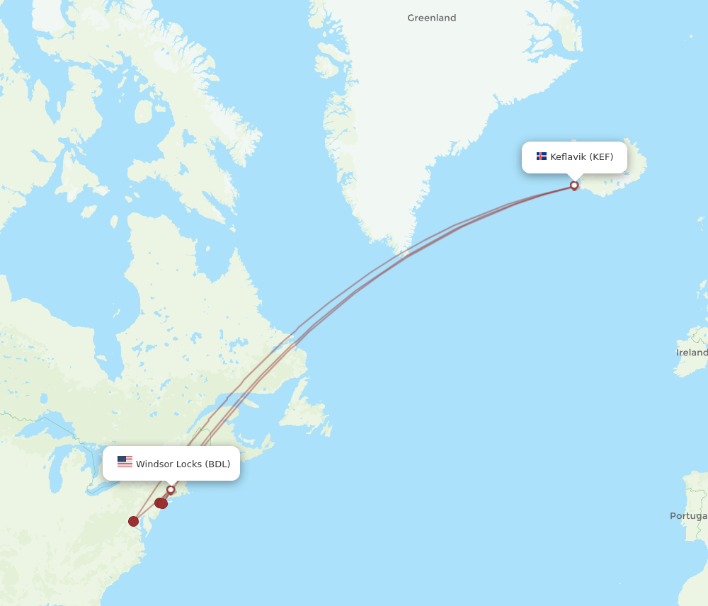 KEF-BDL flight routes