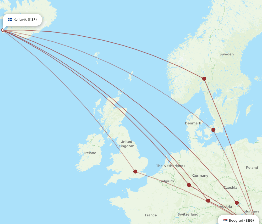 KEF-BEG flight routes