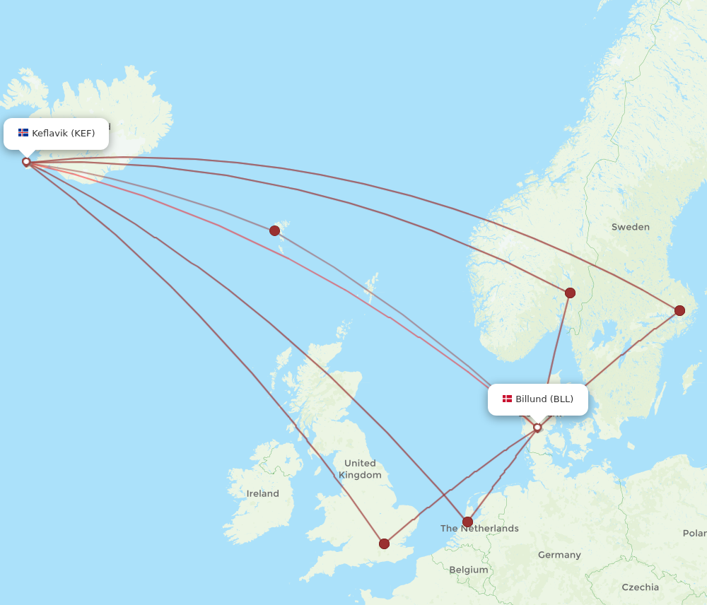 KEF to BLL flights and routes map