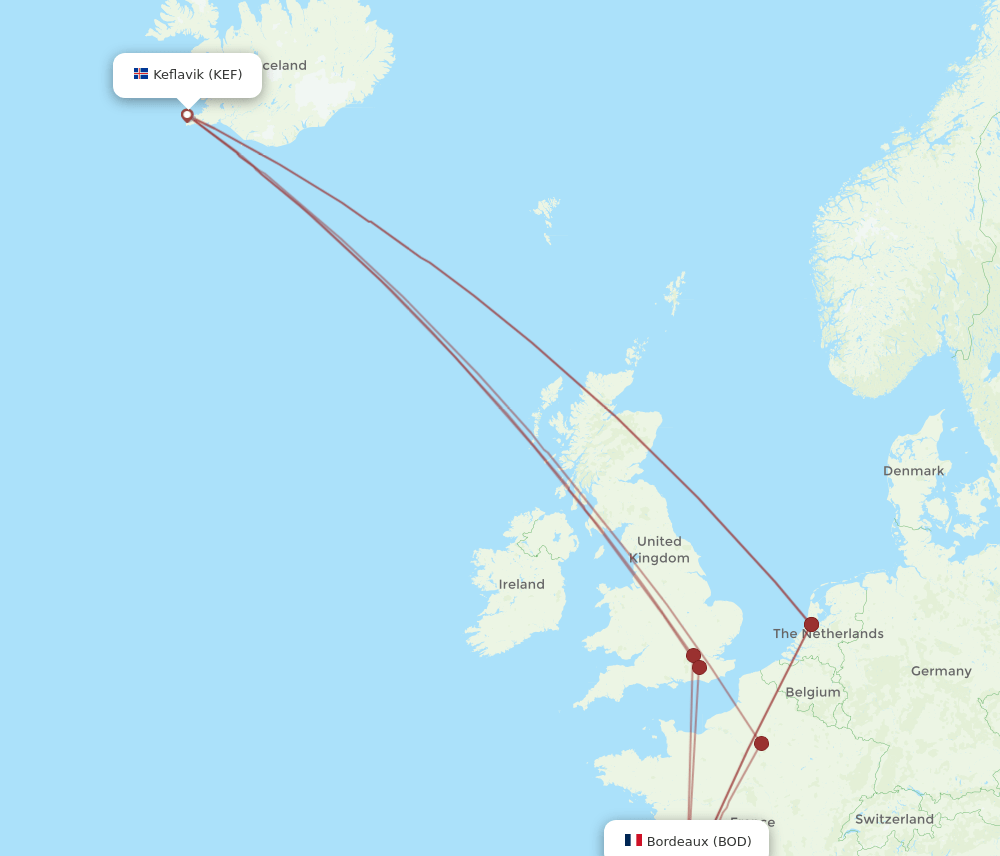 KEF to BOD flights and routes map