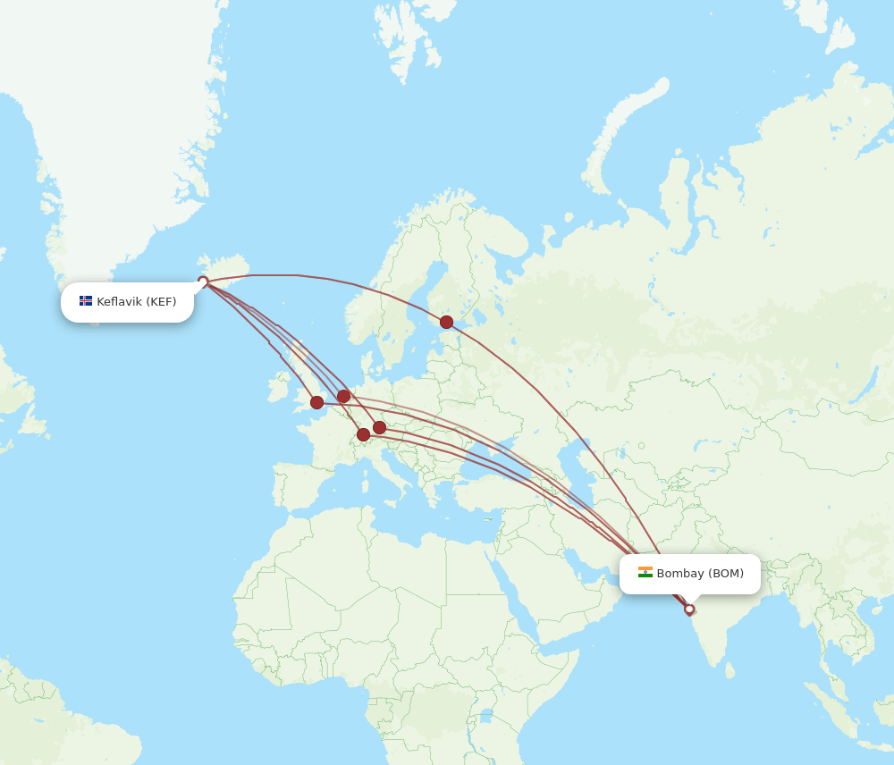 KEF to BOM flights and routes map