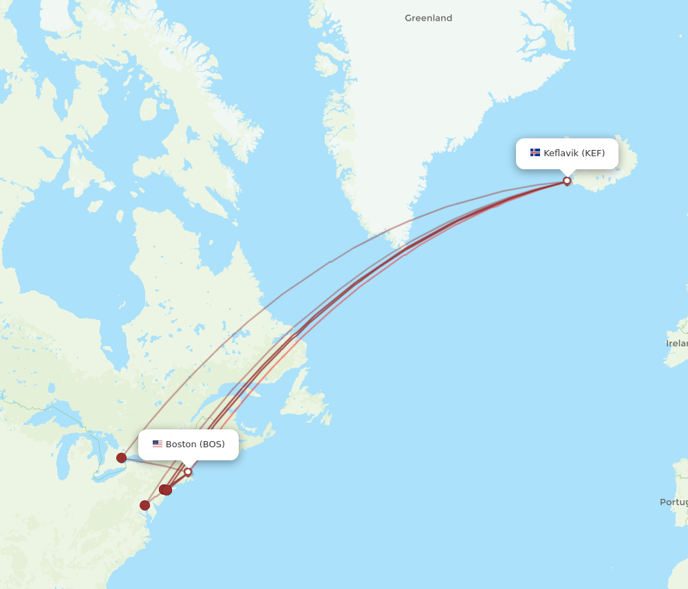 KEF to BOS flights and routes map