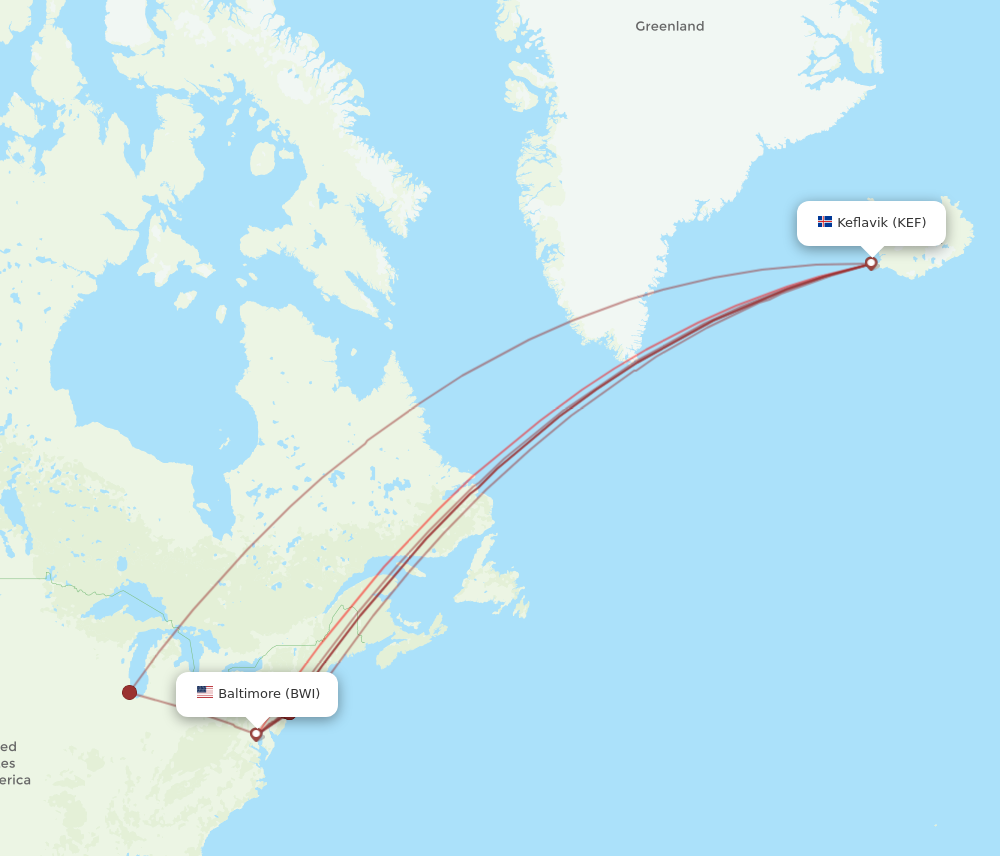 KEF to BWI flights and routes map